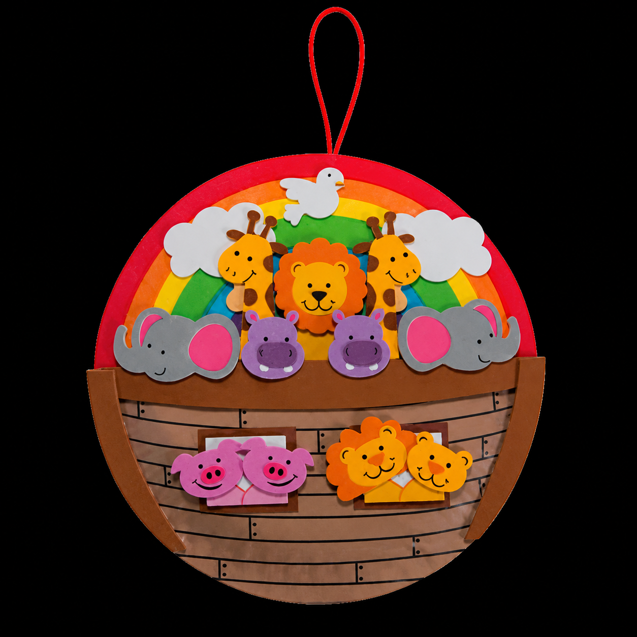 An Animal Ark children's craft featuring colorful animal cutouts, a rainbow, clouds, a dove, and a red hanging loop against a solid black background.