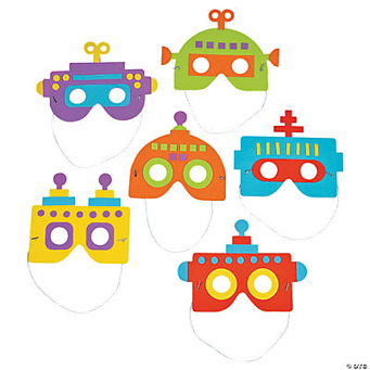 Set of colorful cardboard robot masks shaped like vehicles on a white background