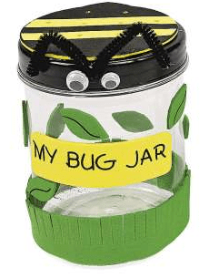 Children's bug jar with a green base, black lid, and yellow label reading 'My Bug Jar'.