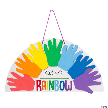 Colorful handprints arranged in a rainbow pattern on a white background with 'katie's RAINBOW' text.
