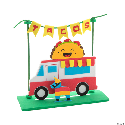 Colorful taco truck craft with a smiling taco character on a white background