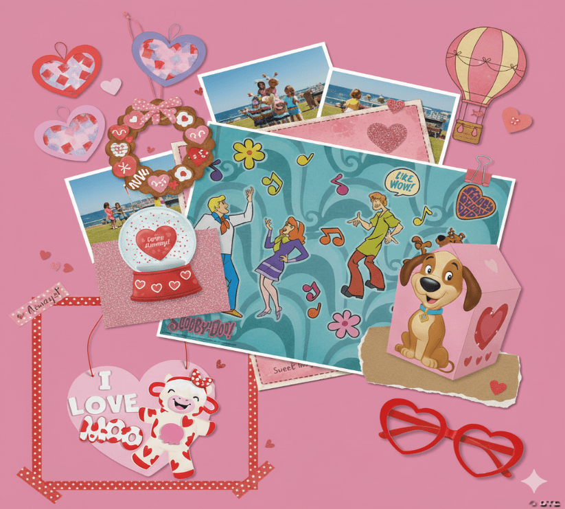 Valentine's Day-themed items including cards, a snow globe, and decorative elements on a pink background.