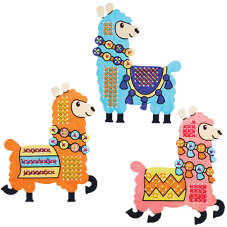Three colorful cross stitch llamas with decorative patterns on a white background