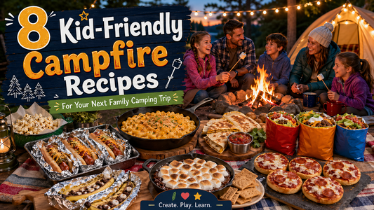 Family sitting around a campfire in front of a tent in the forest with different food items