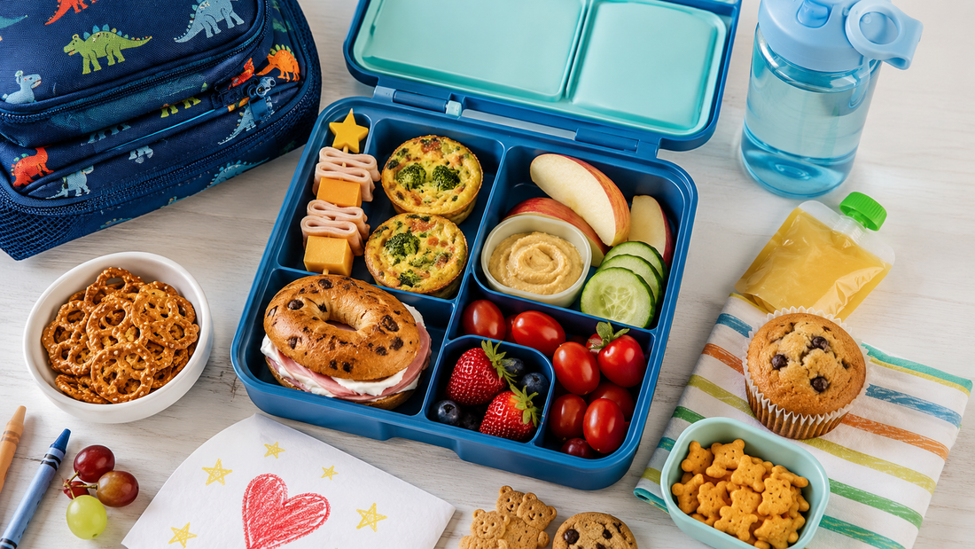 An image of a kids' lunch box, water bottle, & lots of fantastic lunchbox treat deas