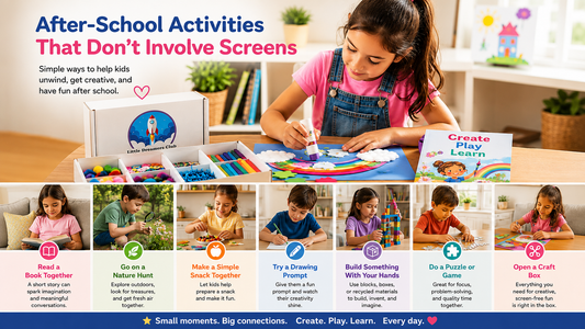 Young girl making a rainbow craft with Little Dreamers Club supplies, surrounded by screen-free after-school activity ideas including reading, nature play, snacks, drawing, building, puzzles, and crafts.