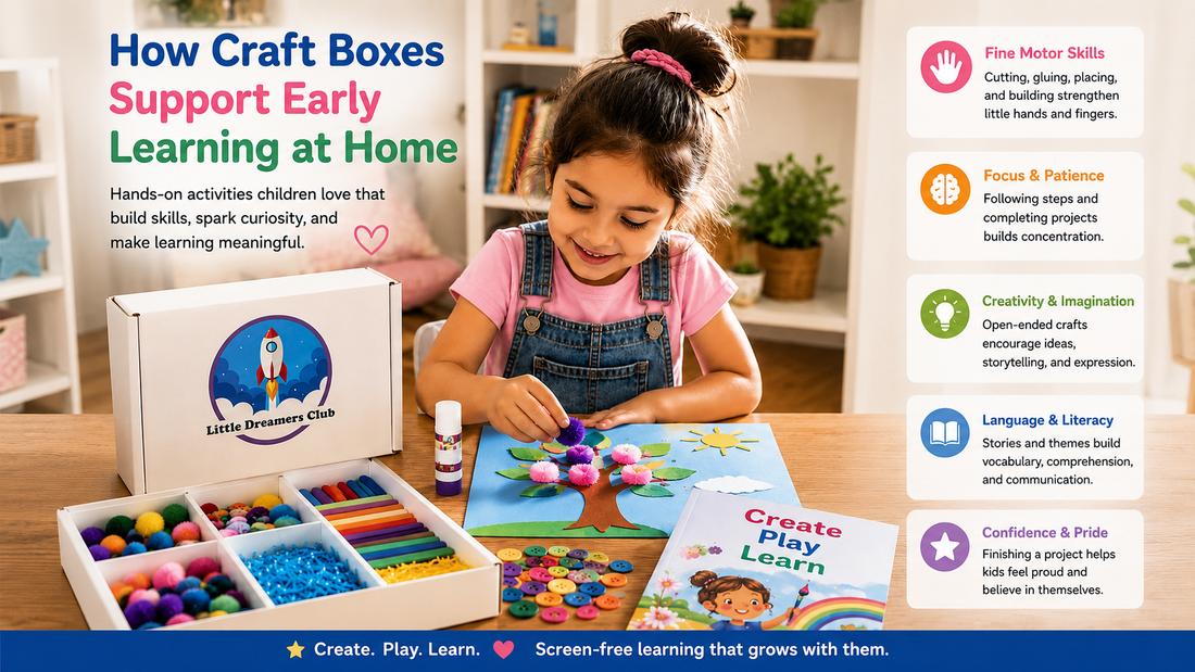 Young child making a colorful tree craft with Little Dreamers Club craft supplies, showing how craft boxes support early learning, fine motor skills, creativity, focus, literacy, and confidence at home.