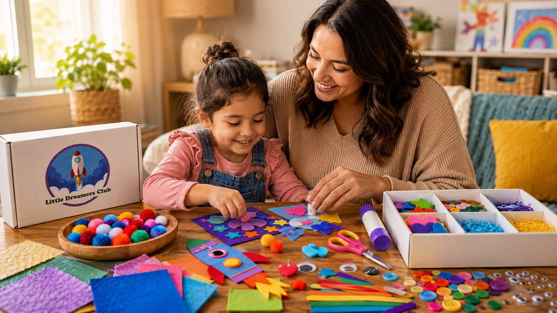 Parent and child crafting together at a table with a Little Dreamers Club box, colorful pom-poms, craft sticks, buttons, felt pieces, glue, and art supplies for screen-free creative play.
