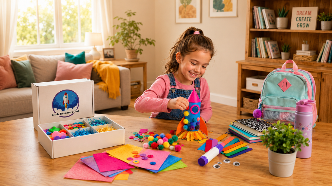 Smiling young girl making a colorful rocket craft at a table with Little Dreamers Club craft supplies, backpack, school notebooks, and water bottle nearby.