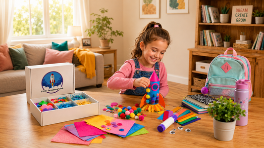 Smiling young girl making a colorful rocket craft at a table with Little Dreamers Club craft supplies, backpack, school notebooks, and water bottle nearby.