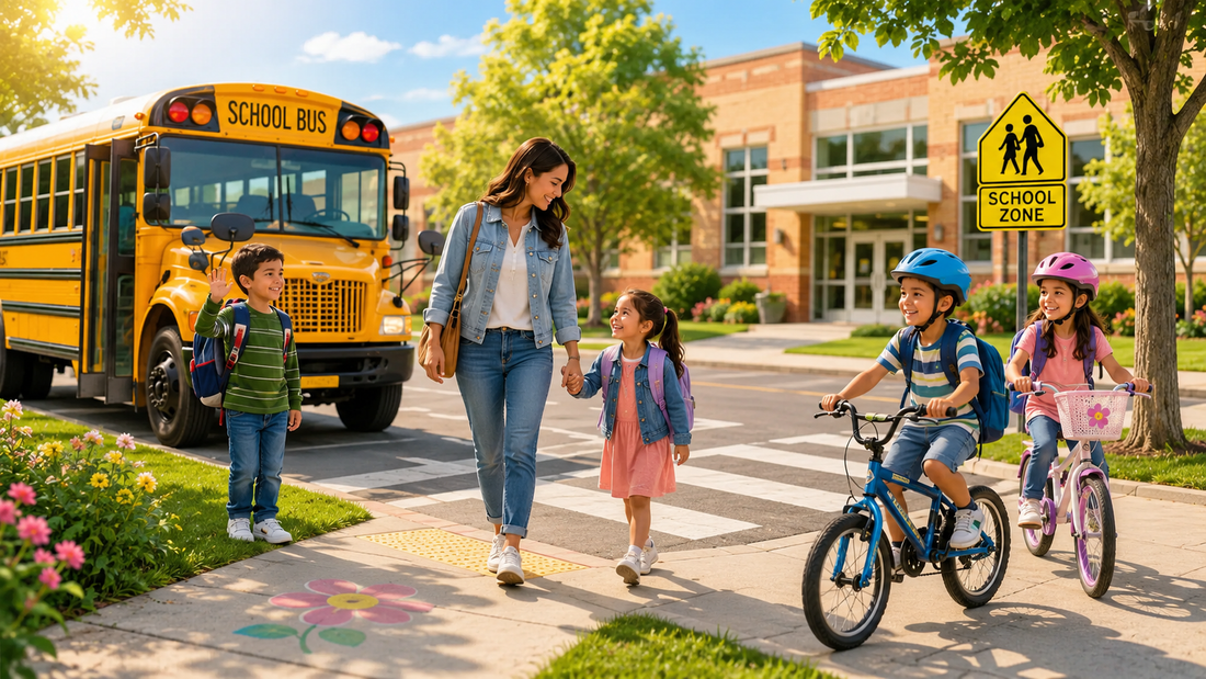 Children traveling safely to school by bus, walking with a parent, and biking with helmets near a school zone on a bright back-to-school morning.