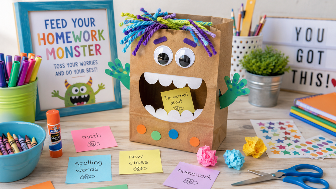 Paper bag Homework Monster craft with googly eyes, big teeth, yarn hair, and small worry notes for kids to feed into the monster.