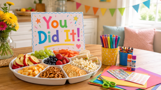 After school snack and craft party with kid-friendly snacks, crayons, stickers, craft paper, and a cheerful You Did It sign.