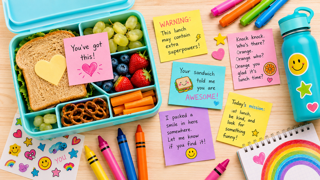 Colorful lunchbox with sweet and silly notes, crayons, stickers, fruit, and back-to-school lunch items for kids.