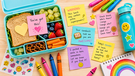 Colorful lunchbox with sweet and silly notes, crayons, stickers, fruit, and back-to-school lunch items for kids.