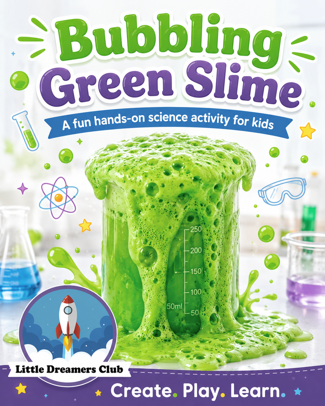 Bubbling green slime overflowing from a container during a kids’ science experiment with glue, baking soda, vinegar, and food coloring.