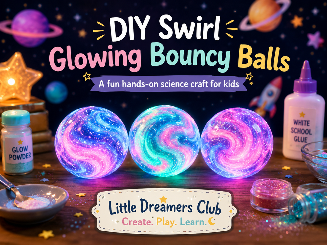 Glow-in-the-dark galaxy bouncy balls with craft supplies for a kids’ space-themed science activity by Little Dreamers Club.