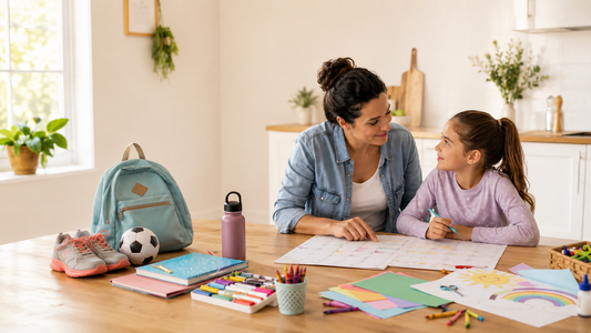 Parent and child reviewing a weekly calendar beside school supplies, sports gear, and colorful screen-free craft materials.