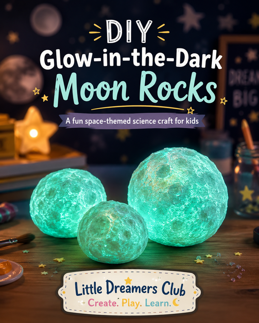 Glow-in-the-dark moon rocks made with baking soda, glow paint, and water for a kids’ space-themed science craft.