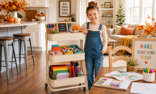 Young girl standing beside an organized three-tier rolling craft cart filled with colorful art supplies in a cozy family home.