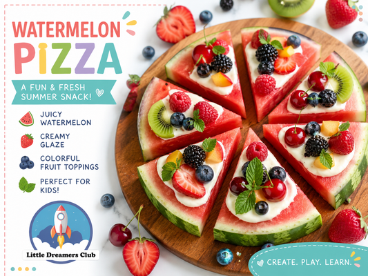 Watermelon pizza slices topped with cream cheese yogurt glaze, berries, kiwi, peaches, cherries, and mint for a fresh summer snack for kids.
