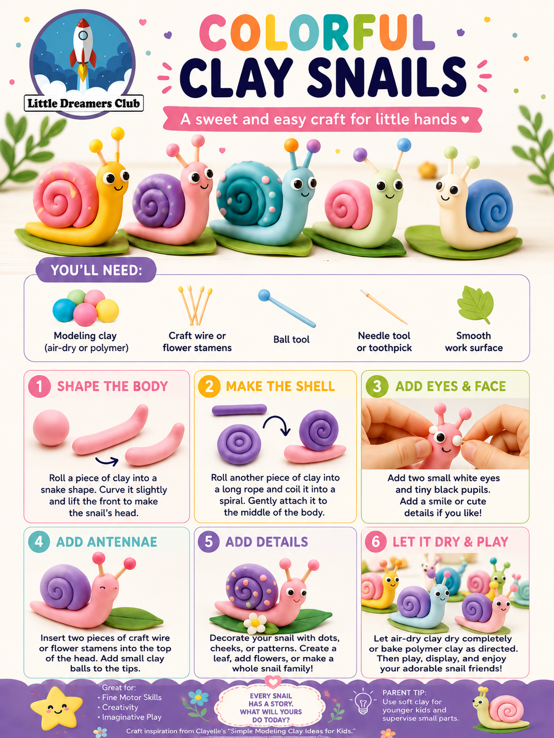 Colorful handmade clay snails with spiral shells and antennae on green leaf bases for a kids’ nature craft.