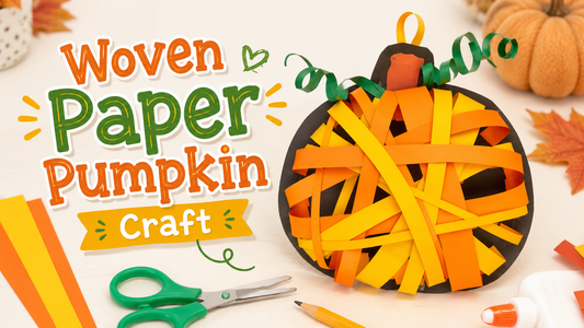 Woven paper pumpkin craft made with orange and yellow paper strips on a black pumpkin shape, with green paper vines and fall craft supplies.