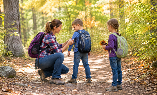 A Parent checking a child for ticks during a family nature walk on a wooded trail while another child holds pine cones and fall leaves.
