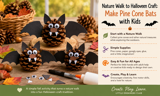 Three handmade pine cone bats with black paper wings and googly eyes displayed with fall leaves, acorns, and simple craft supplies after a nature walk.