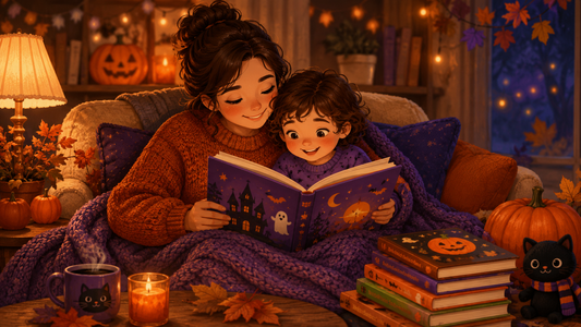 Adult reading a Halloween story to her child in a cozy, fall-decorated room.