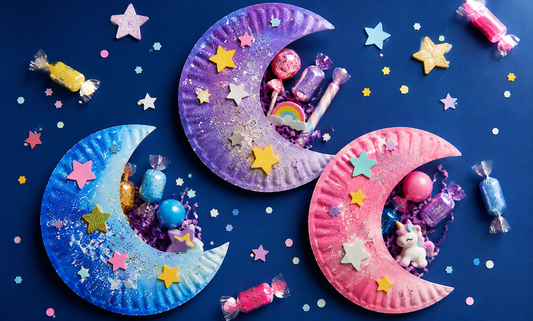 Colorful crescent moon treat pockets made from decorated paper plates with stars, candy, and small surprises on a dark blue background.