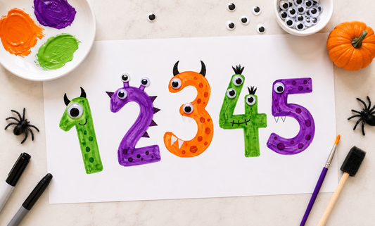 Colorful Number Monsters painted as numbers 1 through 5 with googly eyes, horns, spots, and silly faces surrounded by Halloween craft supplies.