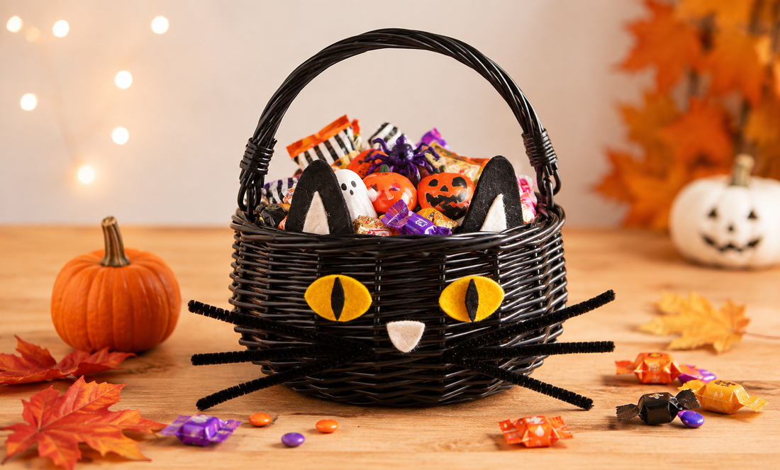 Black cat trick-or-treat basket with yellow felt eyes, pipe-cleaner whiskers, and Halloween candy displayed with pumpkins and autumn leaves.