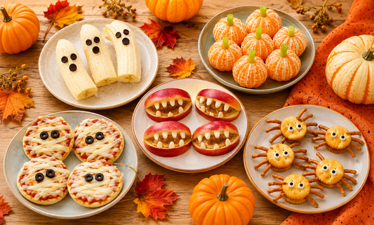 Halloween snack board with banana ghosts, clementine pumpkins, apple monster mouths, mini mummy pizzas, and spider crackers surrounded by pumpkins and fall leaves.