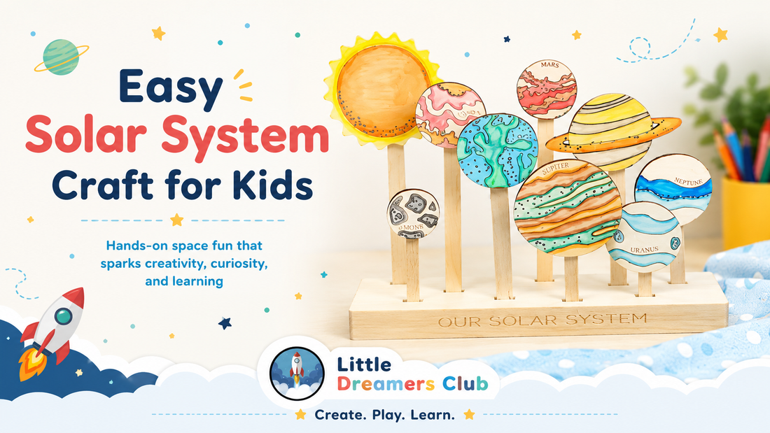 Easy solar system craft for kids with colorful handmade planets on craft sticks, promoting screen-free space learning and creative play from Little Dreamers Club.