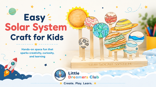 Easy solar system craft for kids with colorful handmade planets on craft sticks, promoting screen-free space learning and creative play from Little Dreamers Club.