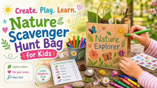 Child decorating a DIY nature scavenger hunt bag filled with leaves, flowers, and nature finds, surrounded by craft supplies and a scavenger hunt checklist in an outdoor setting.