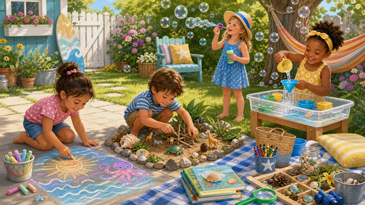 Children enjoy screen-free summer activities in a sunny backyard with bubbles, sidewalk chalk art, water play, nature treasures, books, crayons, and imaginative tiny-world building.