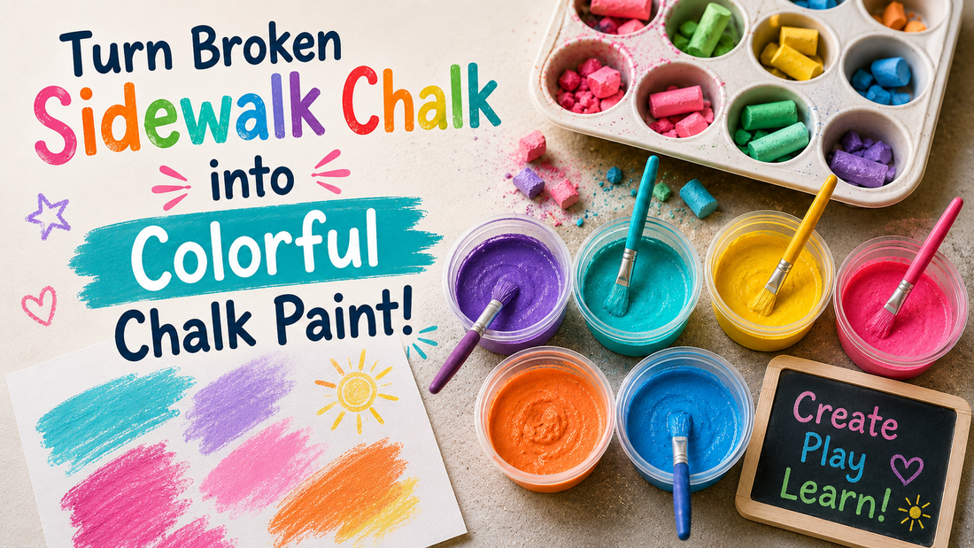Colorful homemade chalk paint made from broken sidewalk chalk, with paintbrushes, crushed chalk pieces, and the words Create, Play, Learn.