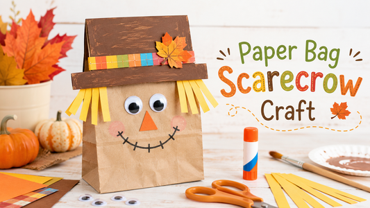 Colorful paper bag scarecrow craft with a painted hat, googly eyes, paper straw hair, and fall leaves, created for autumn storytelling and farm-themed pretend play.