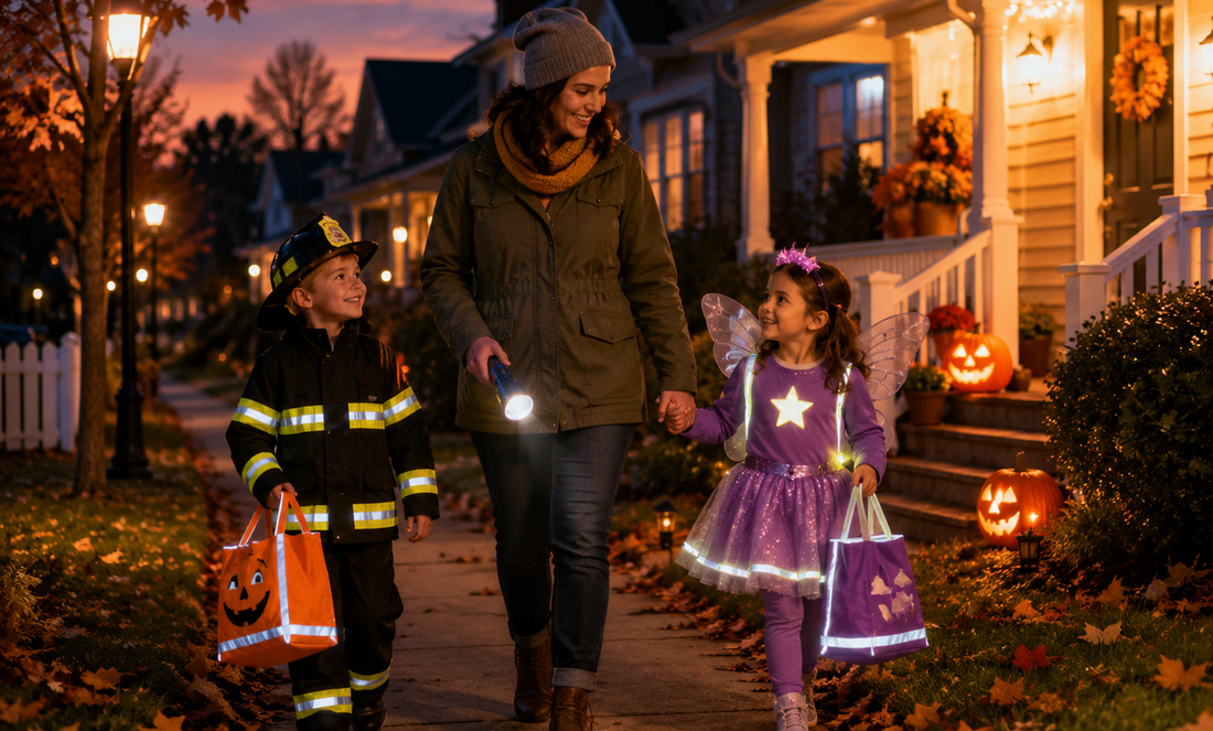 Parent walking with two children in reflective Halloween costumes while trick-or-treating with a flashlight in a decorated neighborhood at dusk.
