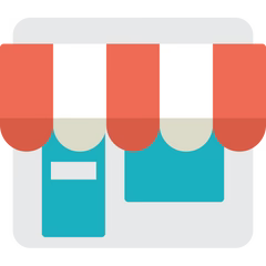 Cartoon illustration of a store front with red awnings and a blue door.