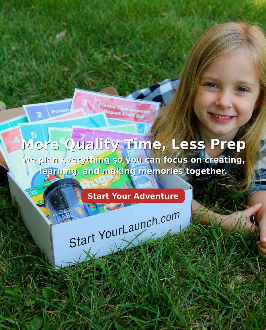 Child with educational materials on grass, promoting 'Start Your Adventure' with text overlay.