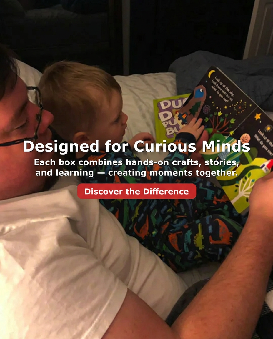 Person and child reading a book together with text overlay about educational boxes.