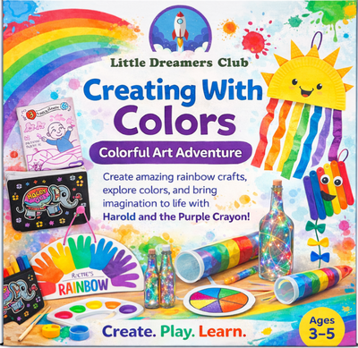 Colorful packaging for 'Creating With Colors' by Little Dreamers Club with art supplies and rainbow-themed crafts.