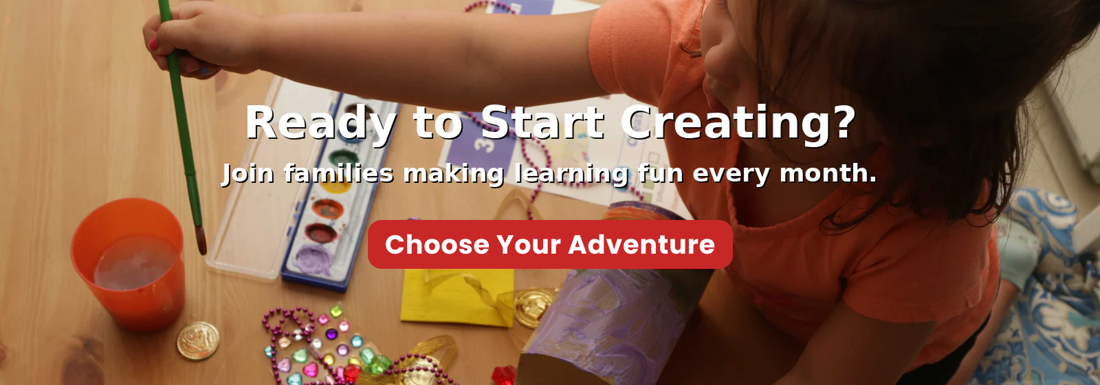 Child playing with educational toys on a table, with text promoting a learning subscription service.