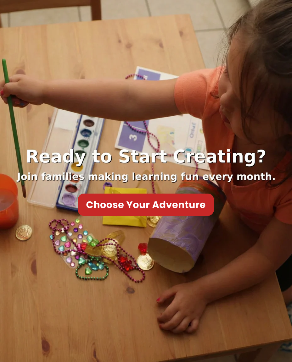 Child at a table with craft materials and text overlay inviting families to join an educational program.