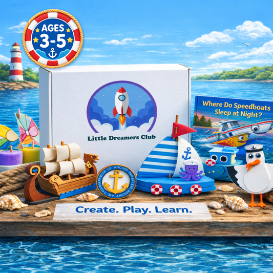 Little Dreamers Club Navigating the Waterways Craft Box for kids ages 3–5, featuring a colorful sailboat, wooden sailing ship, anchor craft, seagull, and Where Do Speedboats Sleep at Night? storybook.