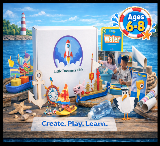 Little Dreamers Club Navigating the Waterways Craft Box for kids ages 6–8, featuring colorful sailboat crafts, a wooden anchor, ship's wheel, seagull, STEM periscope activity, and National Geographic Kids Water book.