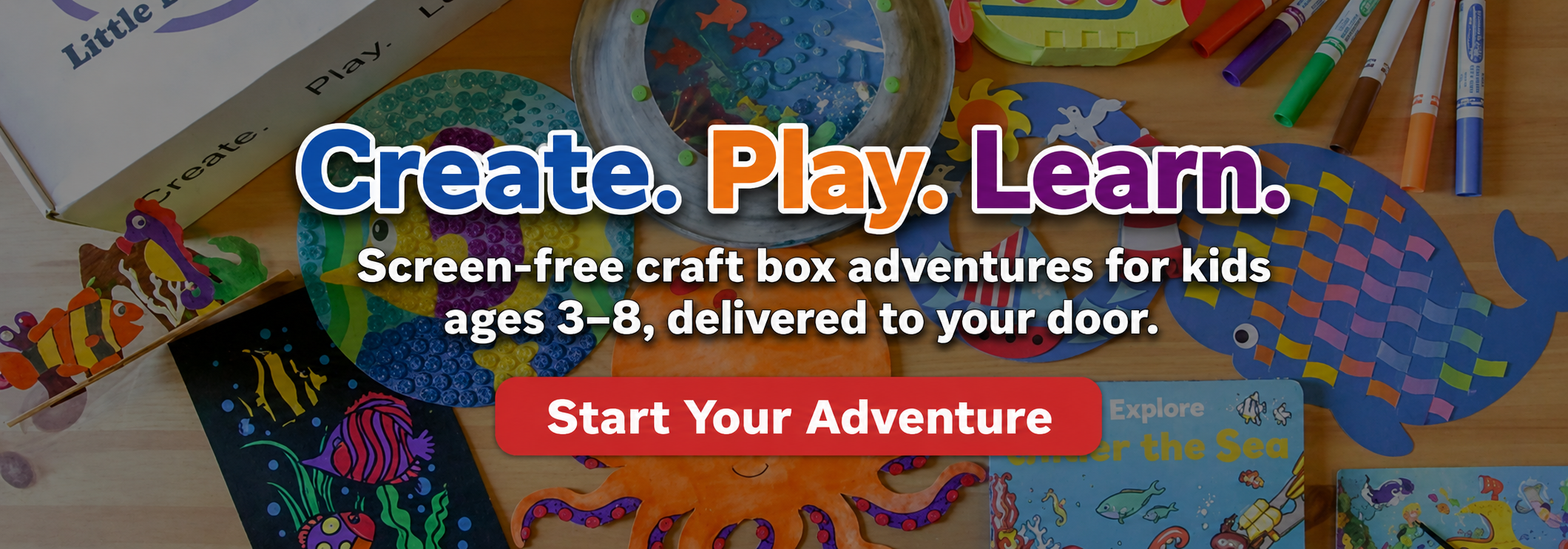 Promotional image for a screen-free craft box service with colorful materials and text.